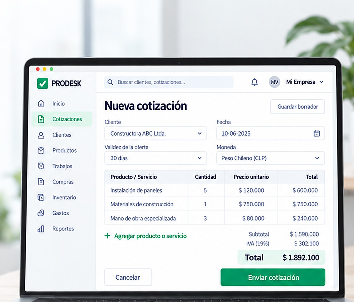 Pantalla de cotización en Prodesk